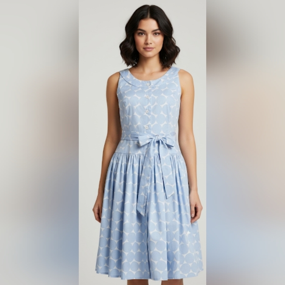 Vintage Y2K Calvin Klein Blue White Polka Dot Sleeveless Midi Dress Full Skirt - Picture 2 of 9